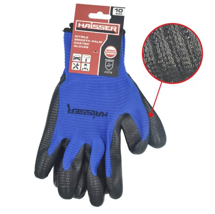 Рукавички поліестер сині з чорним нітриловим покриттям, гладка з підв. HAISSER (211426)